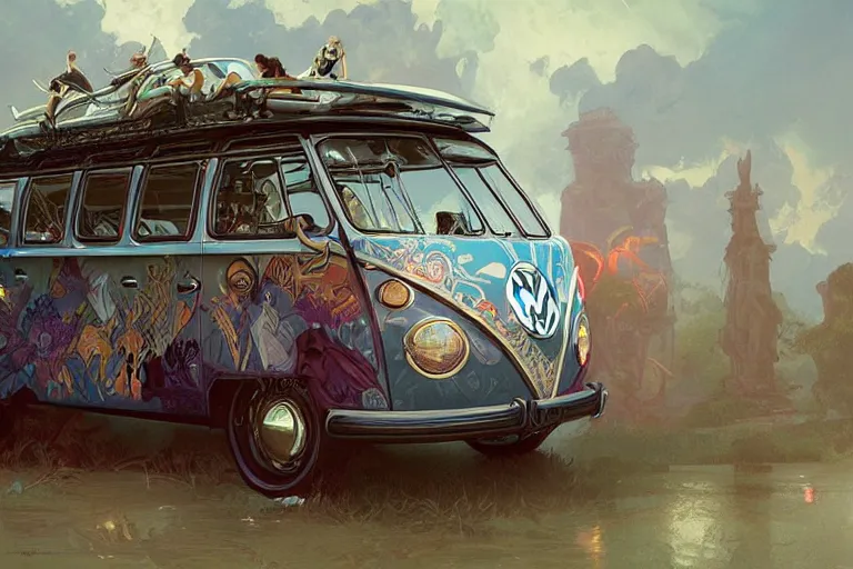 Prompt: VW surf bus, fantasy, elegant, intricate, highly detailed, digital painting, artstation, concept art, sharp focus, illustration, art by artgerm and greg rutkowski and alphonse mucha