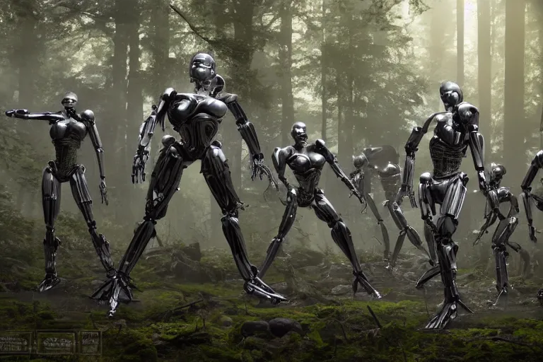 Image similar to 1 0 0 0 0 humanoid robots fighting in the forest, hyper realistic, ambient lighting, concept art, intricate, hyper detailed, smooth, dynamic volumetric lighting, octane, raytrace, cinematic, high quality, high resolution, 4 k, cgsociety, rutkowski, gurney, h. r. giger, cylon