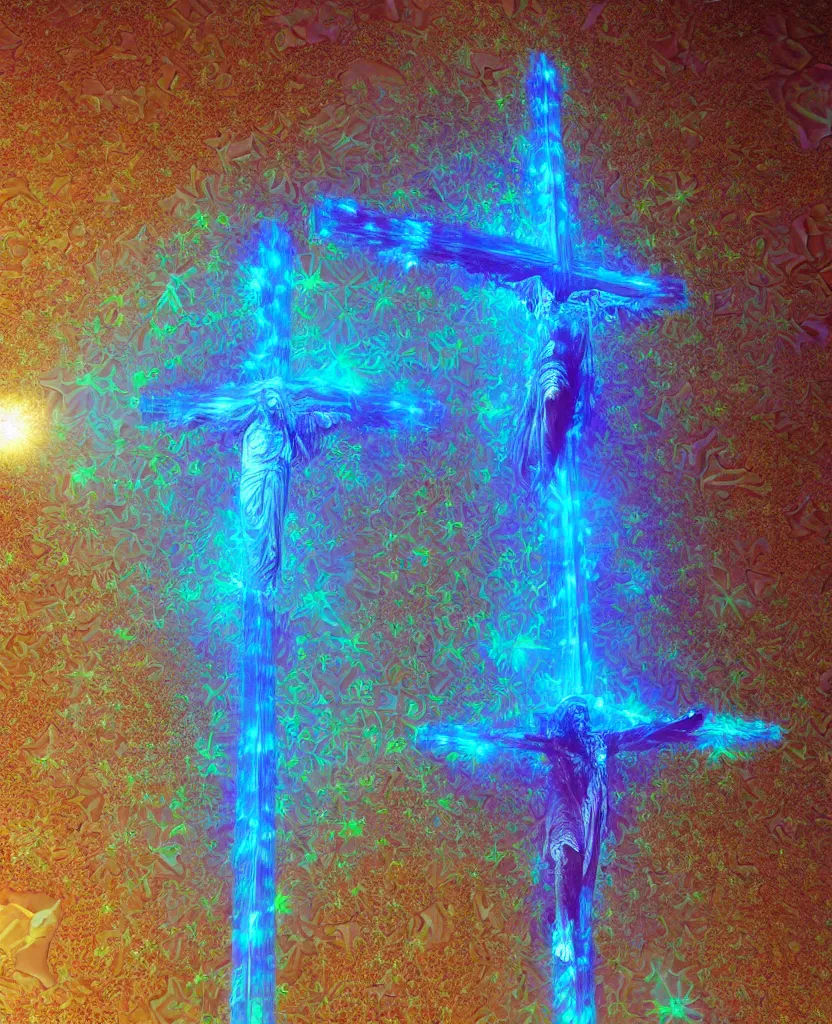 Image similar to a crystalline 3 d mandelbulb fractal in the shape of jesus christ on the cross, bioluminescent opal, fractal, magnificent lighting, ethereal, ray tracing, octane