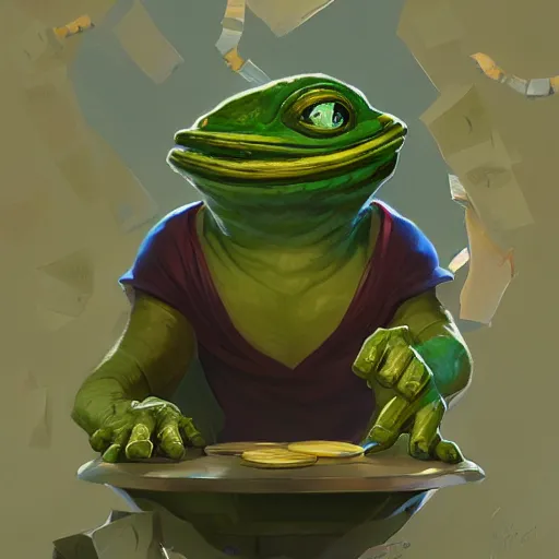 Prompt: super rich happy pepe in the vault, luxury, treasury, coins, money, hyper detalied, blue crystals, greg rutkowski, artstation