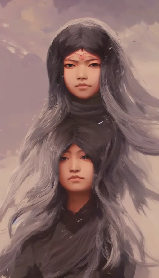 Image similar to beautiful himalayan woman with long silver hair, sci - fi clothing, matte, art by ilya kuvshinov and kyoto animation and ruan jia and greg rutkowski, studio quality, aniplex, masterpiece