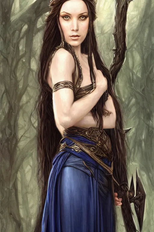 Image similar to portrait, headshot, digital painting, of elven warrior Arwen, beautiful, tall, long dark hair, dark blue satin dress, realistic, hyperdetailed, chiaroscuro, concept art, art by waterhouse