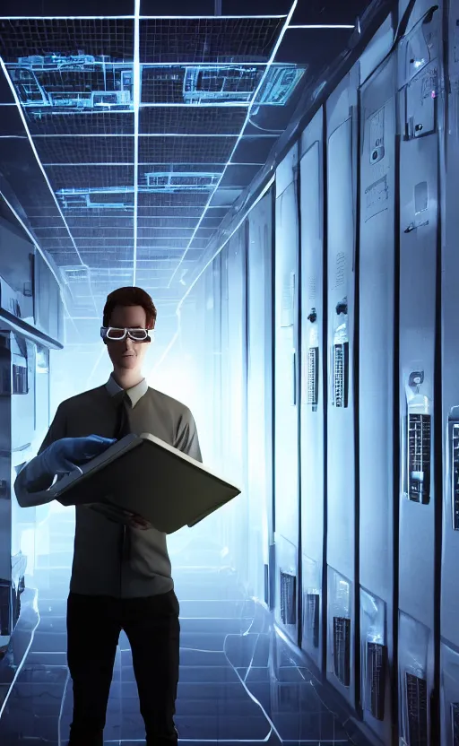Image similar to scientist is holding a folder, he is in shock, dark building of server room, neon light, the folder glows and lights up his face, professional lighting, 3 d digital modeling, movie scene, concept art, detailed art,