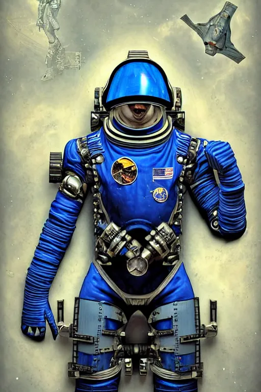 Image similar to a portrait of a muscular anthropomorphic cyberpunk blue iguana space mechanic in spacesuit armor with ensignia on chest plate by sandra chevrier, by jon foster, detailed render, pistol in holster, tape deck, epic composition, cybernetics, 4 k realistic, cryengine, realistic shaded lighting, sharp focus, masterpiece, by enki bilal