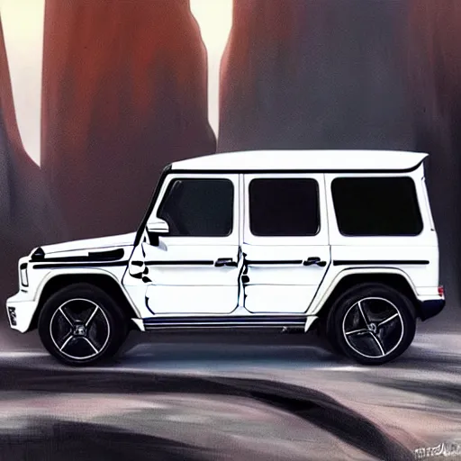 Image similar to White 2019 Mercedes G63, highly detailed, digital painting, artstation, concept art, smooth, sharp focus, illustration, art by artgerm and greg rutkowski and alphonse mucha