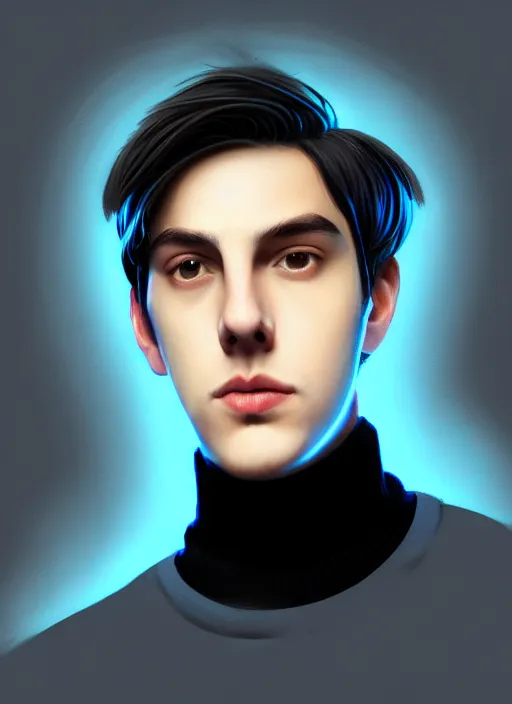 Image similar to portrait of teenage jughead jones wearing a light grey crown, crown, blue turtleneck, closed eyes, photorealistic, black hair, glowing lighting, intricate, elegant, glowing lights, highly detailed, digital painting, artstation, concept art, smooth, sharp focus, illustration, art by wlop, mars ravelo and greg rutkowski