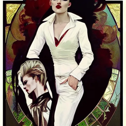 Image similar to beautiful portrait of androgynous ruby rose as desire from sandman in a white tuxedo!!!, rockabilly style,, by alphonse mucha, by jeremy mann, by peter lindbergh, dave mckean, by frank moth, white suit and black tie, soft lightning, high detailed, 8 k