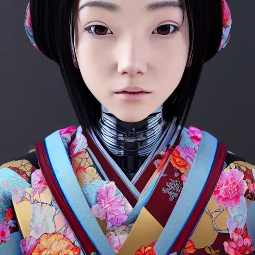 Image similar to centered portrait of a slight happy cybernetic 3D natural beautiful Japanese girl in kimono, hyperdetailed, digital painting, trending on Artstation, cel-shading style, CG society, hyperdetailed, digital painting, hypermaximalist, golden ratio, volumetric, octane render, weta digital, micro details, 3d sculpture