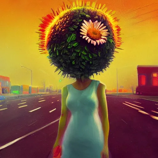 Image similar to closeup, huge daisy flower head, woman in modern city, surreal photography, night light, dark, impressionist painting, digital painting, artstation, simon stalenhag