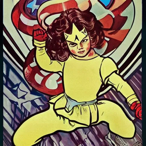 Image similar to a little girl with a mischievous face and light brown curly wavy hair. she is dressed as captain america, spider - man, batman, captain marvel, a superhero. well composed, clean elegant painting, beautiful detailed face. by steve ditko and jack kirby and alphonse mucha