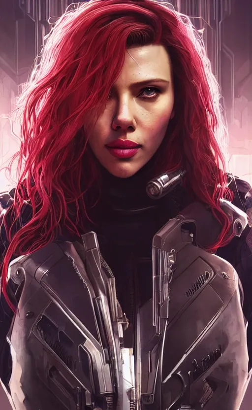 Image similar to portrait of scarlett johansonn as a character in arabian Cyberpunk 2077, looking at camera, intricate, dystopian, sci-fi, extremely detailed, digital painting, artstation, concept art, smooth, sharp focus, illustration, intimidating lighting, incredible art by artgerm and greg rutkowski and alphonse mucha and simon stalenhag