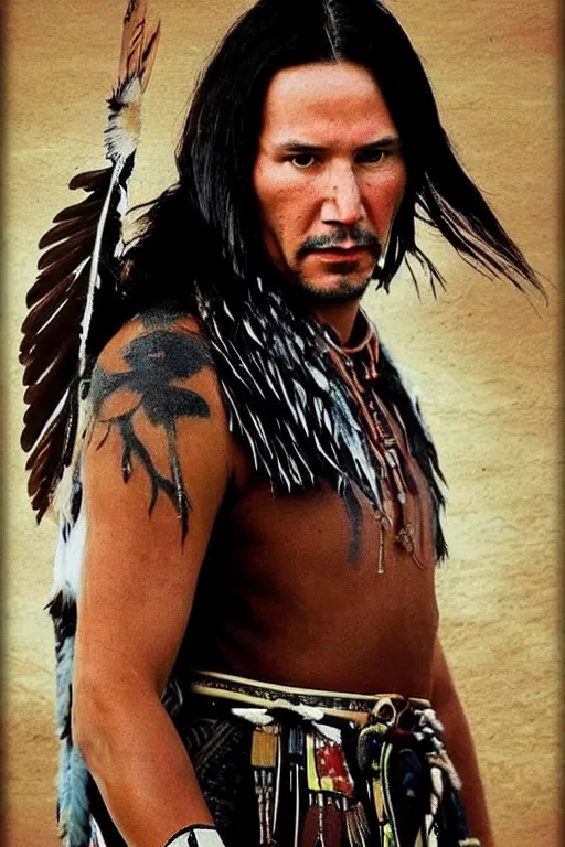 Image similar to Photo of Native American indian man Keanu Reeves, portrait, skilled warrior of the Apache, ancient, realistic, detailed, Keanu Reeves