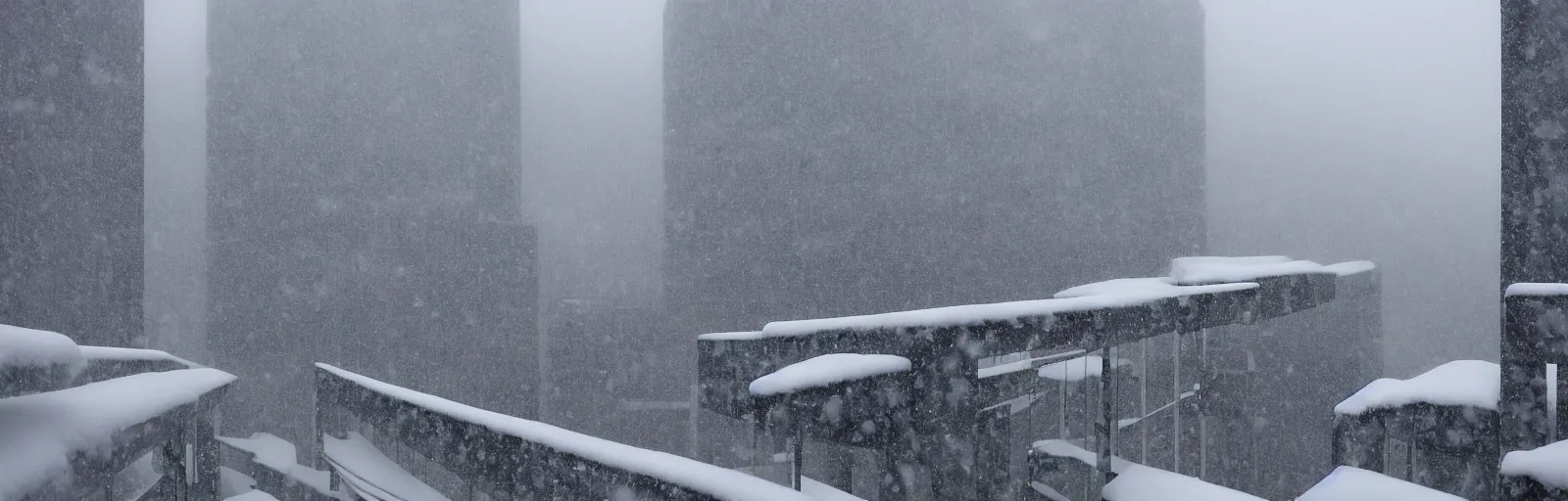 Prompt: snow falling on complex, geometric brutalist buildings, fragmented architecture, diagonal shapes, complex ramps, balconies, stairways, sharp focus, clear focus, beautiful, award winning architecture, le corbusier, frank lloyd wright, snow, fog, mist, hopeful, quiet, calm, serene