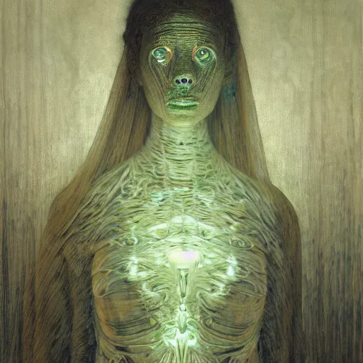 Prompt: portrait of a woman, covered in transparent cloth, plastic, glowing eyes, flat background, Masterpiece, glowing, wires everywhere, by Edgar Maxence and Ross Tran, Zdzisław Beksiński, and Michael Whelan, distant, gustav dore, H.R. Giger, 8k, octane render