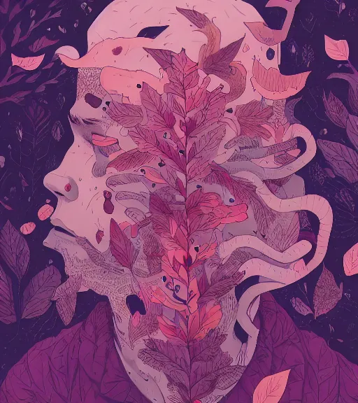 Image similar to portrait, nightmare anomalies, leaves with howl by miyazaki, violet and pink and white palette, illustration, kenneth blom, mental alchemy, james jean, pablo amaringo, naudline pierre, contemporary art, hyper detailed