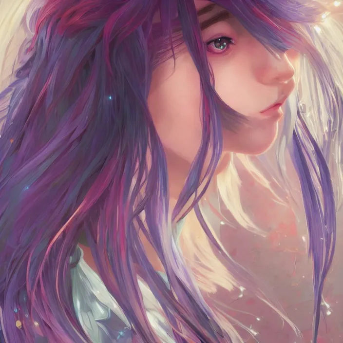 Image similar to portrait of beautiful symmetrical anime girl, rainbow hair, attractive, casual, modern, victoria's secret, highly detailed, digital painting, artstation, concept art, smooth, sharp focus, illustration, art by artgerm, greg rutkowski and alphonse mucha, 8 k,