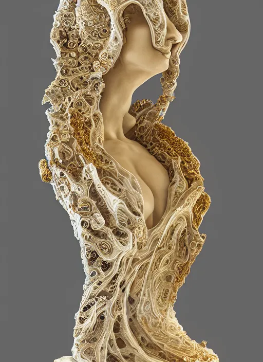 Image similar to marble sculpture of beautiful woman, mandelbulb, hypercube, palladium veins, liquid gold, ivory carving, fractal paisley inlay, lace, intricate, elegant, highly detailed, gold inlay, metallic, ivory, artgerm, lace, by ruan jia, greg rutkowski, mucha, zbrush, nick alm