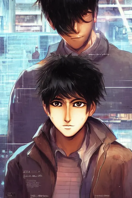 Image similar to manga cover, black-haired short-haired male indian teenager wearing a brown jacket, middle-parted hair, intricate cyberpunk city, emotional lighting, character illustration by tatsuki fujimoto