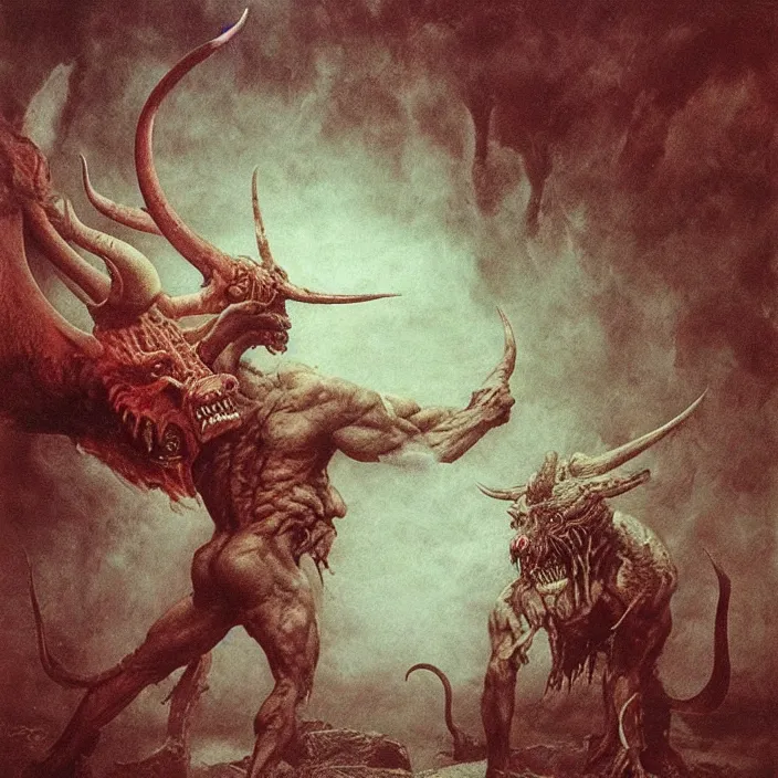 Image similar to horned demon berserker, muscular body, demon, balrog, beksinski