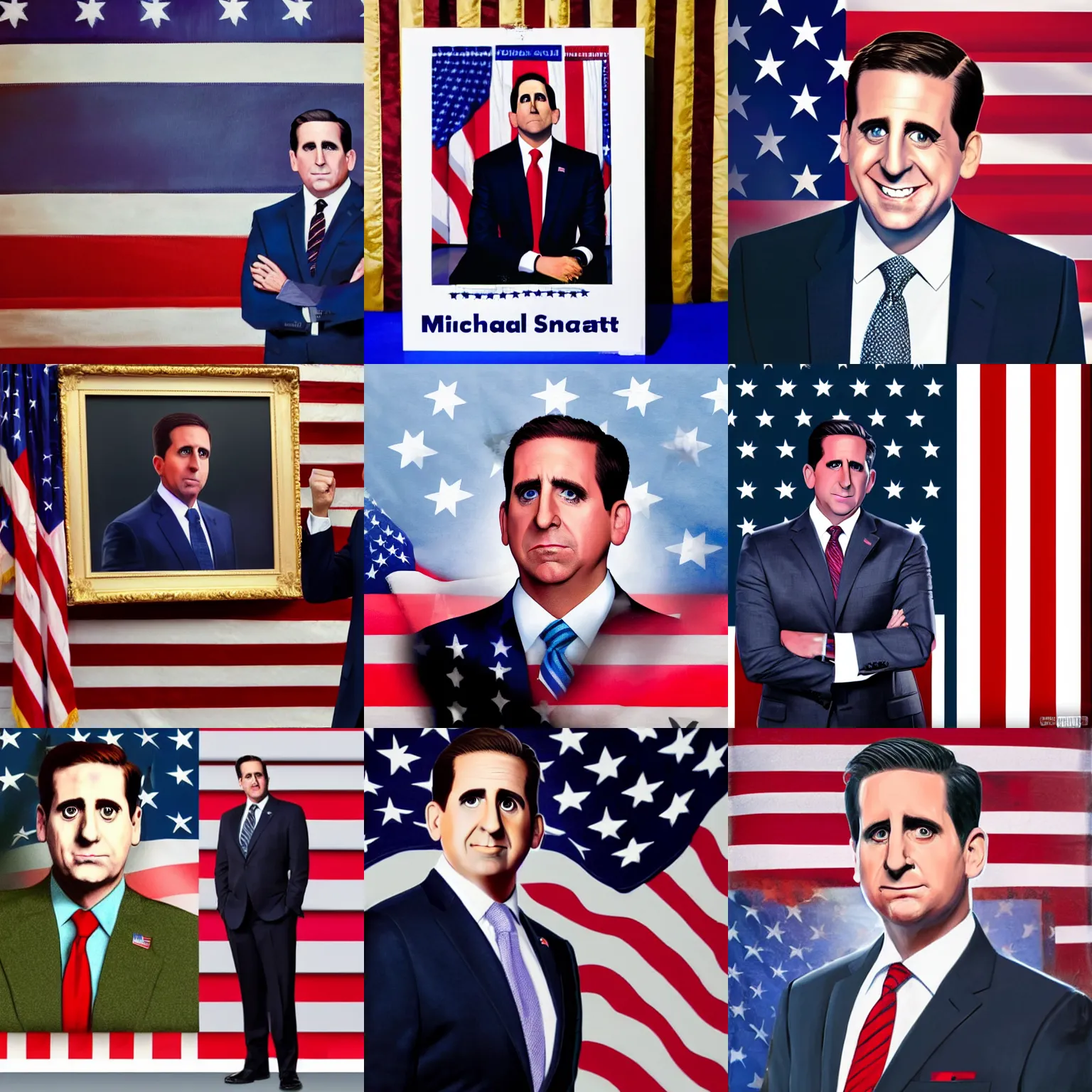 Prompt: A hyperrealistic presidential portrait of Michael Scott in front of the US flag