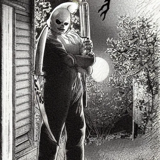 Prompt: michael myers in outside the myers house, halloween night, finely illustrated pale mask, moon light, shrubs, highly detailed, colored pencil, gainax, tankobon, in the style of ilya kuvshinov and yoshiyuki sadamoto and william - adolphe bouguereau and alphonse mucha