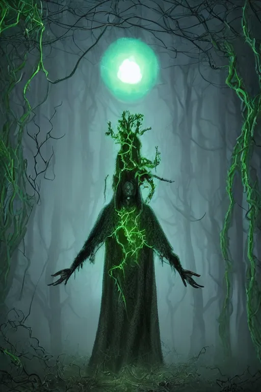 Image similar to A full body portrait of a ghost like shaman with no face, glowing eyes and a very long hooded dark green cloak of leaves and vines, forest spirits flying in the background art by Shaddy Safadi and Jason Chan, ominous, cosmic horror, trending on artstation, Ultra detailed, hyper realistic 4k
