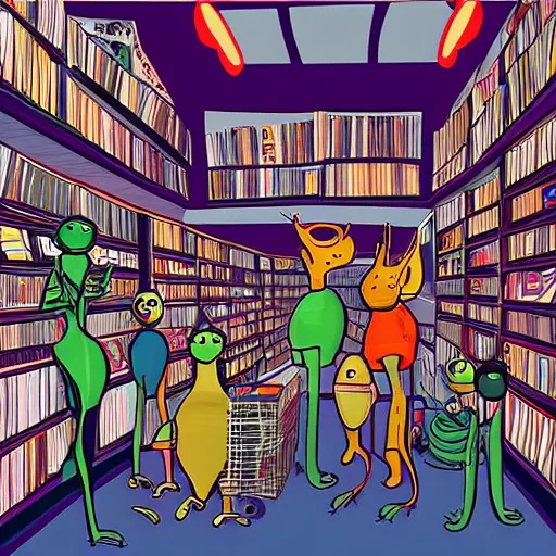 Prompt: weird creatures from outer space shopping in a record store, surreal, concept art