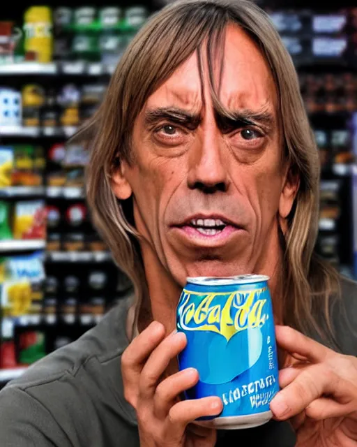 Prompt: a hand holding a soda can with iggy pop's face on the label, inside a supermarket