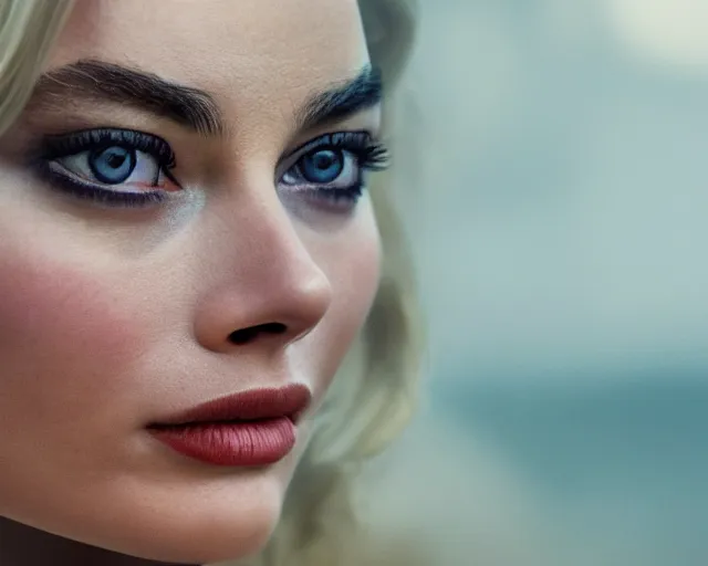 Image similar to a beautiful mix of margot robbie and emilia clark, hyper realistic face, beautiful eyes, cinematic, long shot, hyper detailed, 8 5 mm photograph, 8 k resolution, film still, sharp lens, wide lens