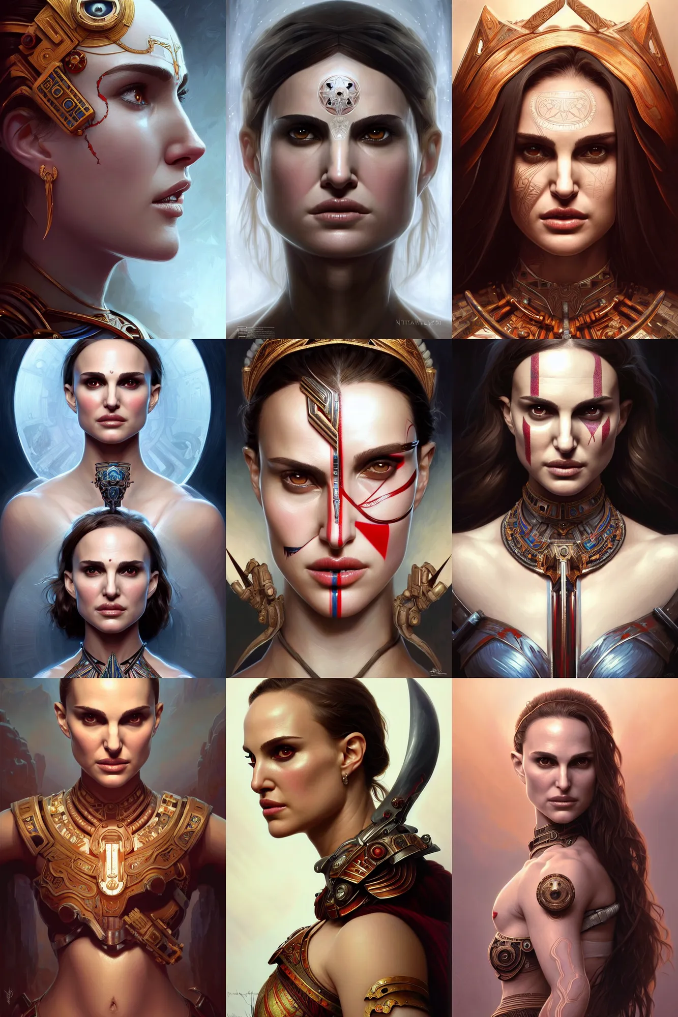 Image similar to symmetry!! portrait of natalie portman in the style of god of war, machine parts embedded into face, intricate, elegant, highly detailed, digital painting, artstation, concept art, smooth, sharp focus, illustration, art by artgerm and greg rutkowski and alphonse mucha, 8 k