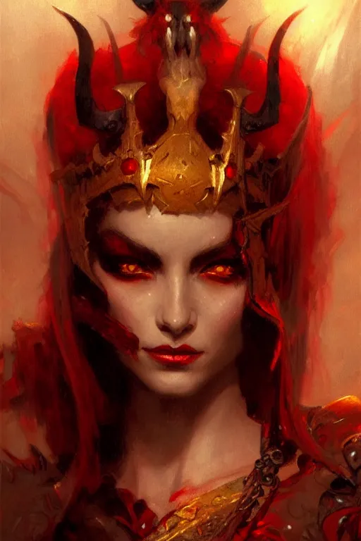 Prompt: attractive demon queen with red eyes painting by gaston bussiere, craig mullins, luis rollo, close - up portrait, digital painting, highly detailed, artstation, sharp focus, illustration, concept art