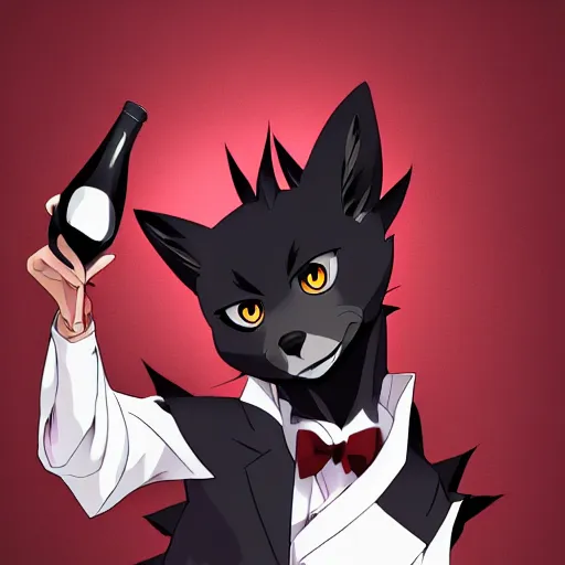 Prompt: key anime visual of a portrait anthropomorphic black male fox anthro furry fursona with long black hairstyle, wearing a wine red business suit, stern menacing male eyes, looking down, modern anime style