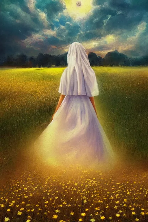 Prompt: white daisy flowers as head veil, girl walking in a flower field, surreal photography, sunrise, dramatic light, impressionist painting, colorful clouds, digital painting, artstation, simon stalenhag