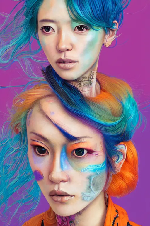 Image similar to a award winning half body portrait of a beautiful woman in a croptop and cargo pants with ombre orange blue teal hairstyle with head in motion and hair flying by yoshii chie and hikari shimoda and martine johanna and will eisner, outrun, vaporware, digital art, trending on artstation, highly detailed, fine detail, intricate