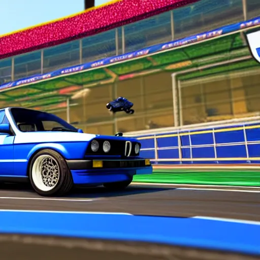 Image similar to a blue bmw e30 in the video game rocket league, rendered in unreal engine