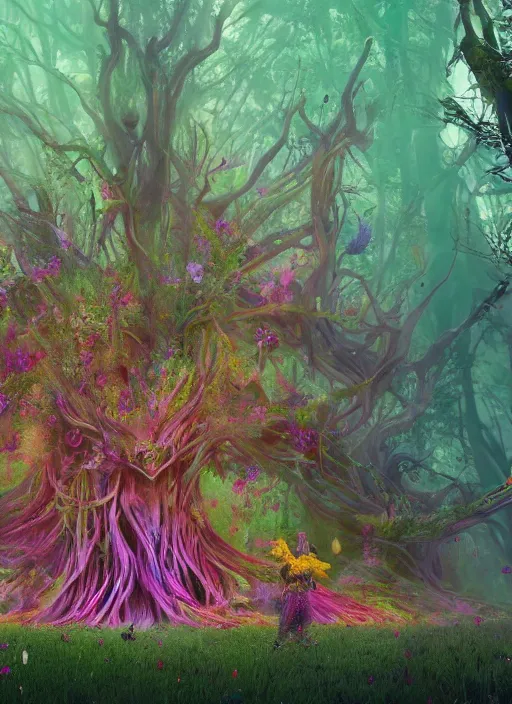 Image similar to a small psychedelic surreal horror giant made of multicolored psychotropic trees and flowers, magical creatures in the chaotic spirit forest, fulcolor octane reminder, cinematic, ultra - realistic