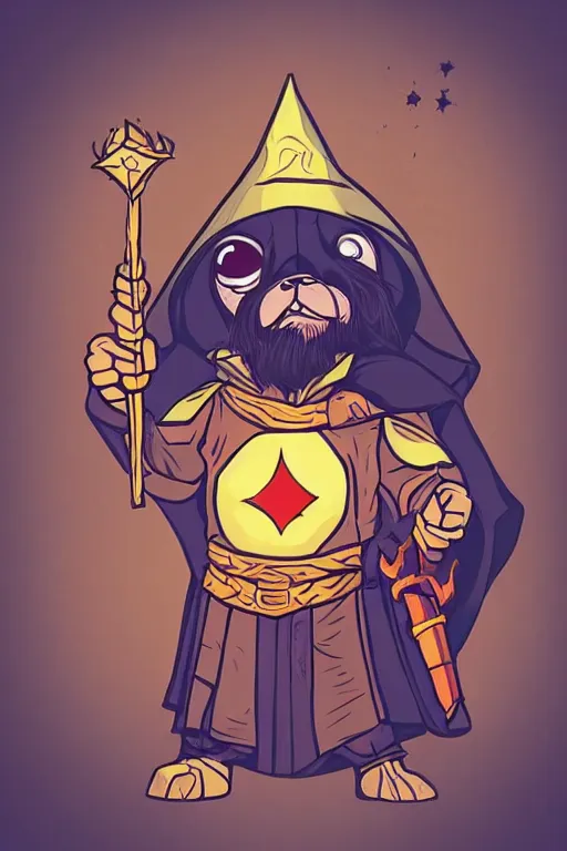 Prompt: Pug that is a wizard casting a spell , wizard, medieval, sticker, colorful, casting epic spell, magic the gathering artwork, D&D, fantasy, artstation, heroic pose, illustration, highly detailed, simple, smooth and clean vector curves, no jagged lines, vector art, smooth