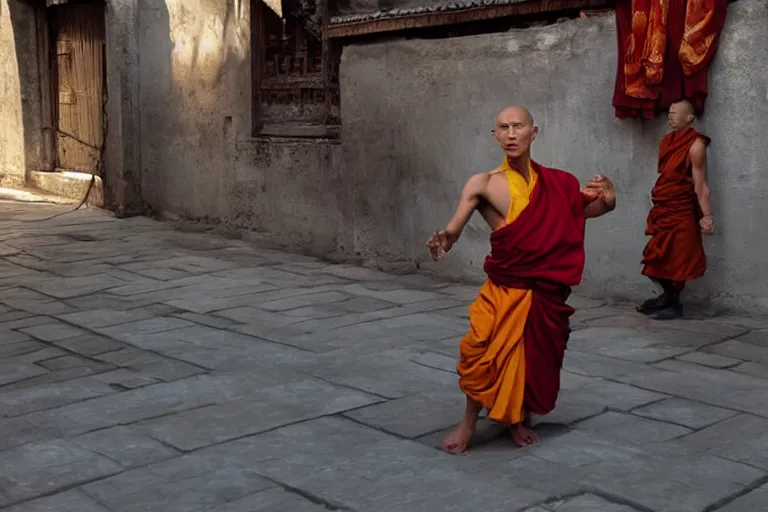 Image similar to VFX movie of a Tibetan monk dancing with fire in a Chinese courtyard by Emmanuel Lubezki