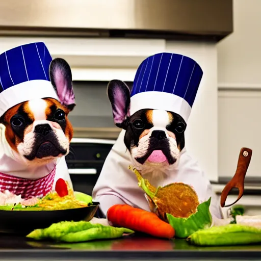 Image similar to a 8k highly detailed still photo by Anne Geddes of Two multi-colored French Bulldogs in chef hats and aprons starring on a cooking show