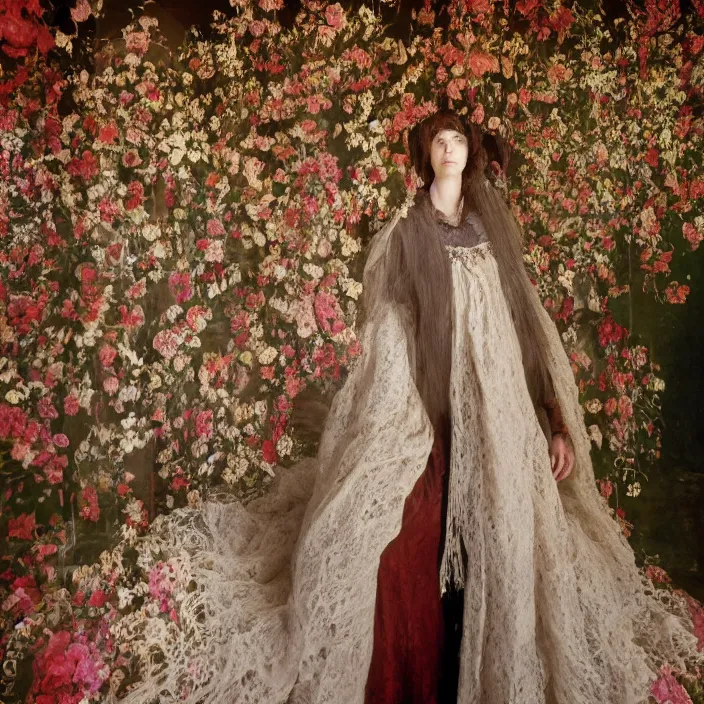 Prompt: closeup portrait of a woman with a cloak made of lace and flowers, standing in a hall of mirrors, by Annie Leibovitz and Steve McCurry, natural light, detailed face, CANON Eos C300, ƒ1.8, 35mm, 8K, medium-format print