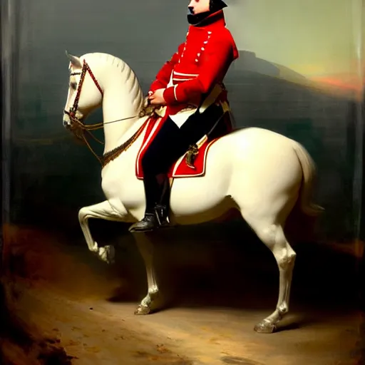 Prompt: Napoleon Bonaparte on his new electric scooter by Jeremy Lipkin and Giuseppe Dangelico Pino, price tag hanging from the scooter, oil on canvas, epic pose, cinematic, poster, 8k