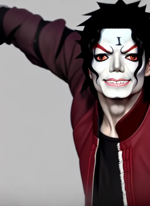 Image similar to portrait of michael jackson as madara uchiha from naruto, au naturel, hyper detailed, digital art, trending in artstation, cinematic lighting, studio quality, smooth render, unreal engine 5 rendered, octane rendered, art style by klimt and nixeu and ian sprigger and wlop and krenz cushart and riot