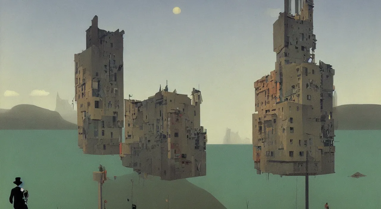 Image similar to single flooded simple deformed tower, very coherent and colorful high contrast!! masterpiece by rene magritte simon stalenhag carl spitzweg syd mead norman rockwell edward hopper james gilleard, minimalist, dark shadows, sunny day, hard lighting