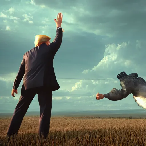 Prompt: trump wailing and waving his arms at cruel fate visually stunning, cinematic, ultra realistic, hyper realism, 1 2 k, epic, octane render, unreal engine, vfx, maya