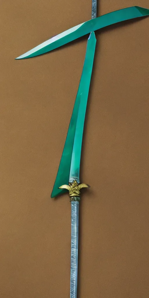 Image similar to photograph of a wide green and teal crystal sword blade attached to a big gold sword hilt