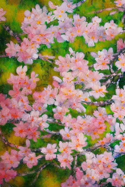 Image similar to Hanami flowers in impressionism style, close up painting