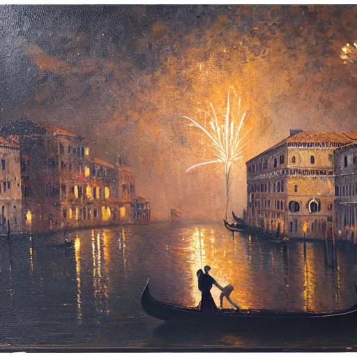 Image similar to an oil painting of couple kissing, in a background fireworks in venice