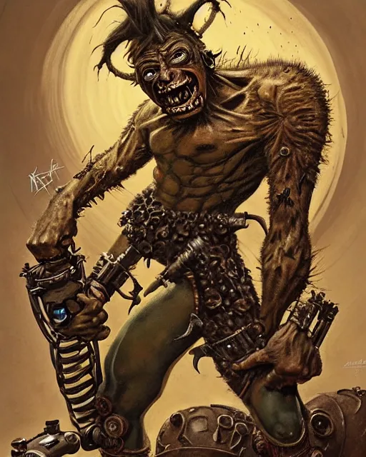 Image similar to junkrat from overwatch, heavey metal magazine cover, character portrait, portrait, close up, concept art, intricate details, highly detailed, in the style of frank frazetta, r. giger, esteban maroto, richard corben, pepe moreno, matt howarth, stefano tamburini, tanino liberatore, luis royo and alex ebel