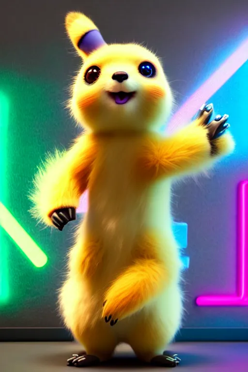 Image similar to high quality 3 d render cyberpunk very cute multicolored fluffy! quokka cyborg, robot paw, highly detailed, vray smooth, in the style of detective pikachu, hannah yata charlie immer, cinematic neon blue light, low angle, uhd 8 k, sharp focus