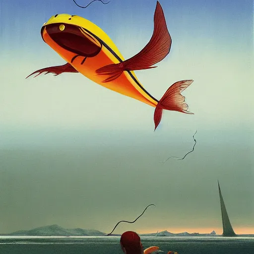 Image similar to Giant catfish fly through the air, as a tornado approaches, by Takashi Murakami, Edward Hopper, Bo Bartlett, and Cynthia Sheppard, Artstation